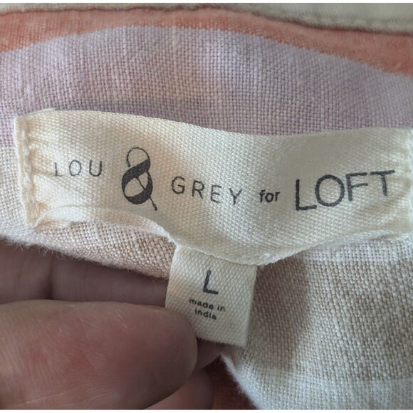 Loft Lou & Grey Size L Blouse 100% Linen Striped Button Up Twist Front Boho Chic - Picture 7 of 10